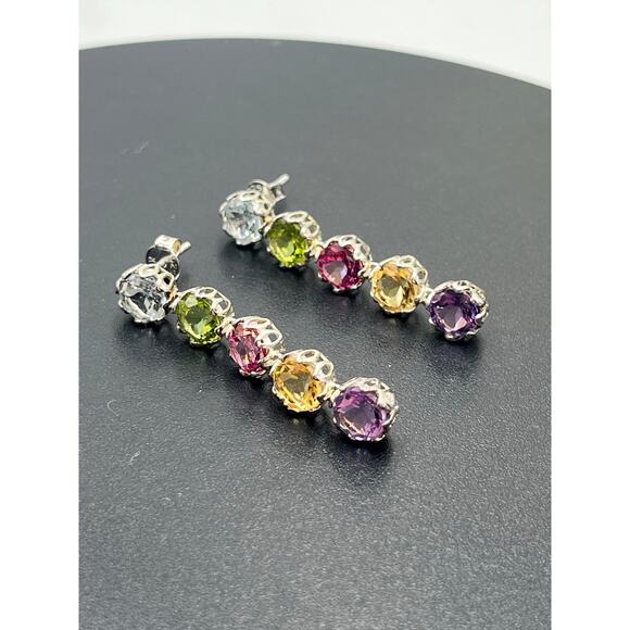 K 925 Sterling Silver Rhodium Semi Precious Multi Gemstone Round Dangle Earrings - Picture 5 of 14